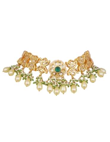 Green And Gold Kundan Short Necklace Set With Earrings