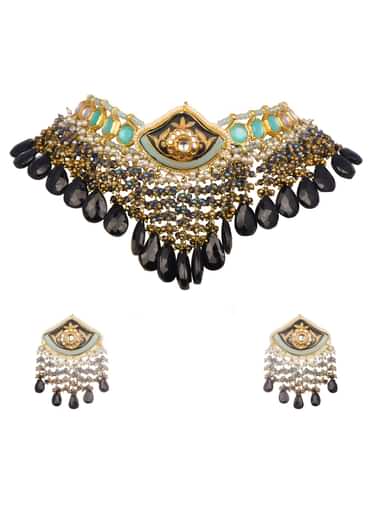 Gold And Black Kundan Necklace Earrings Set