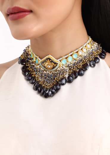 Gold And Black Kundan Necklace Earrings Set