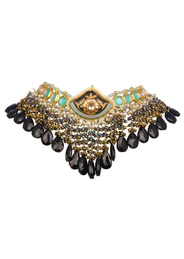 Gold And Black Kundan Necklace Earrings Set
