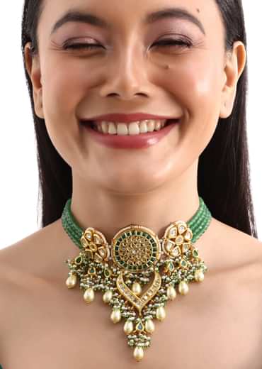 Gold And Green Short Kundan Necklace Set In Mix Metal