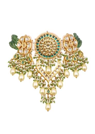 Gold And Green Short Kundan Necklace Set In Mix Metal