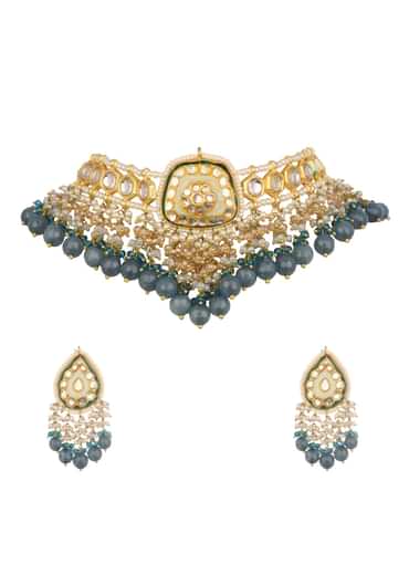 Gold And Blue Kundan Short Necklace Set In Mix Metal