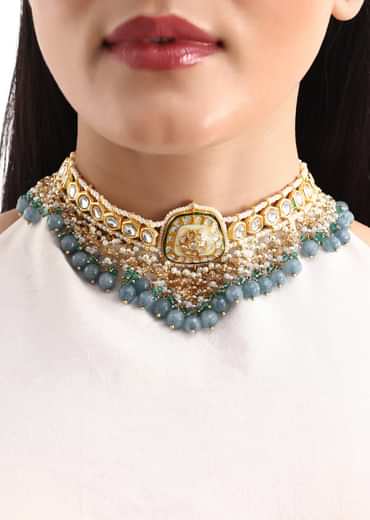Gold And Blue Kundan Short Necklace Set In Mix Metal