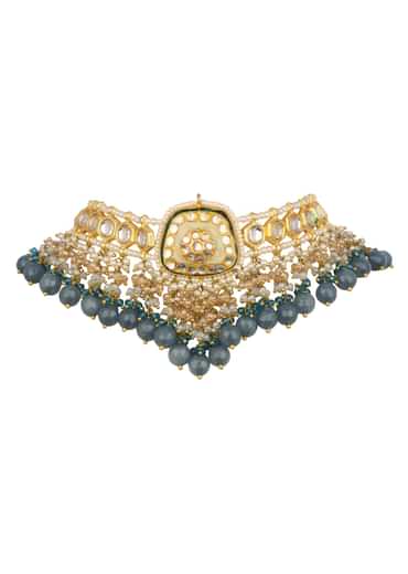 Gold And Blue Kundan Short Necklace Set In Mix Metal