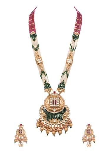 Gold And Green Temple Necklace Set In Mix Metal