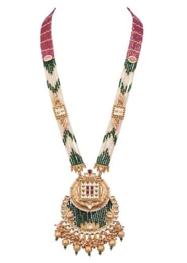 Gold And Green Temple Necklace Set In Mix Metal