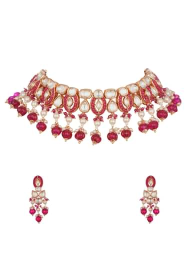 White And Red Short Kundan Necklace Set In Mix Metal