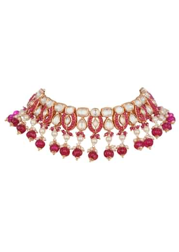 White And Red Short Kundan Necklace Set In Mix Metal