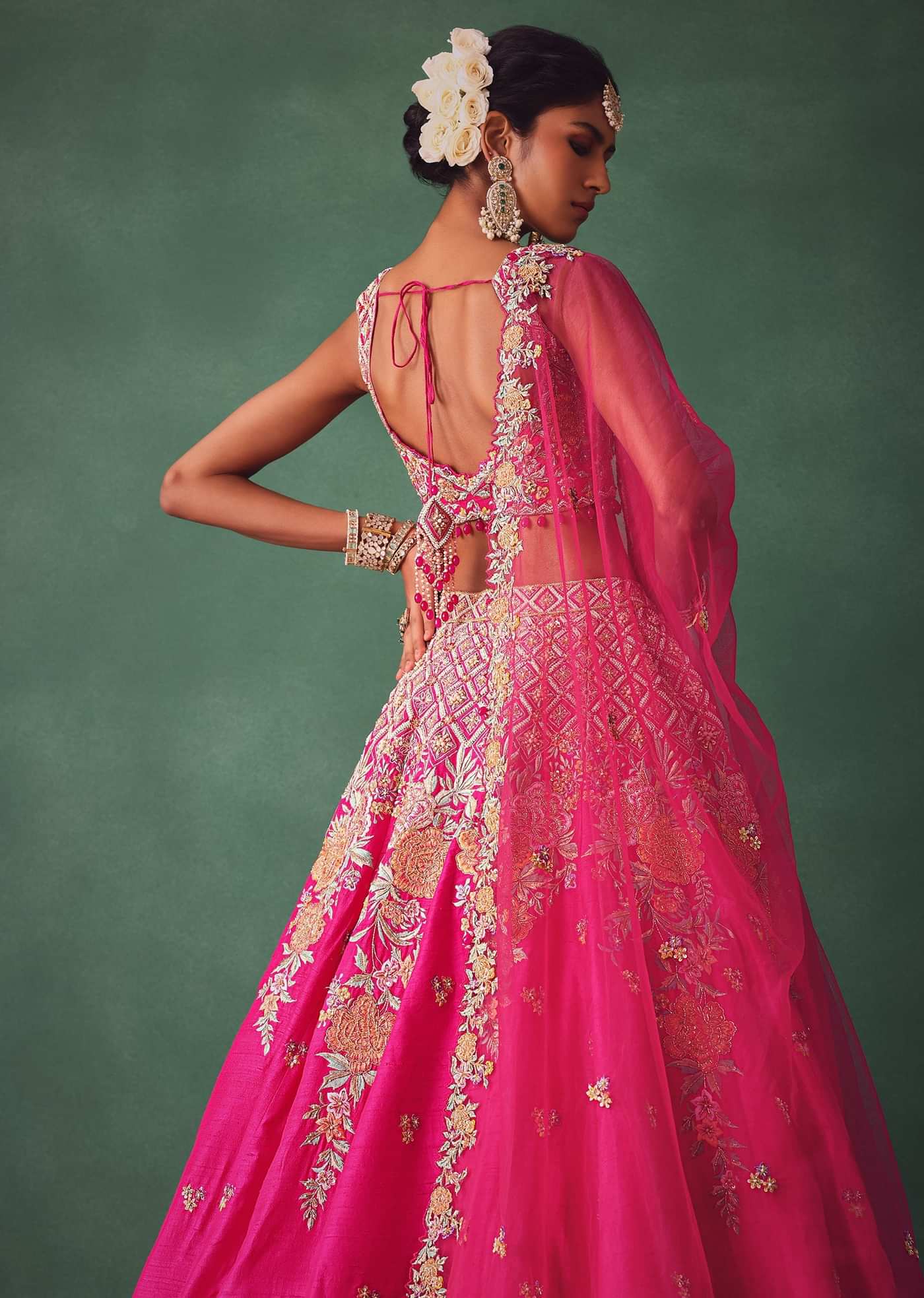 Fuschia Pink Raw Silk Multi Colour Threadwork Lehenga Dupatta With Embroidered Blouse