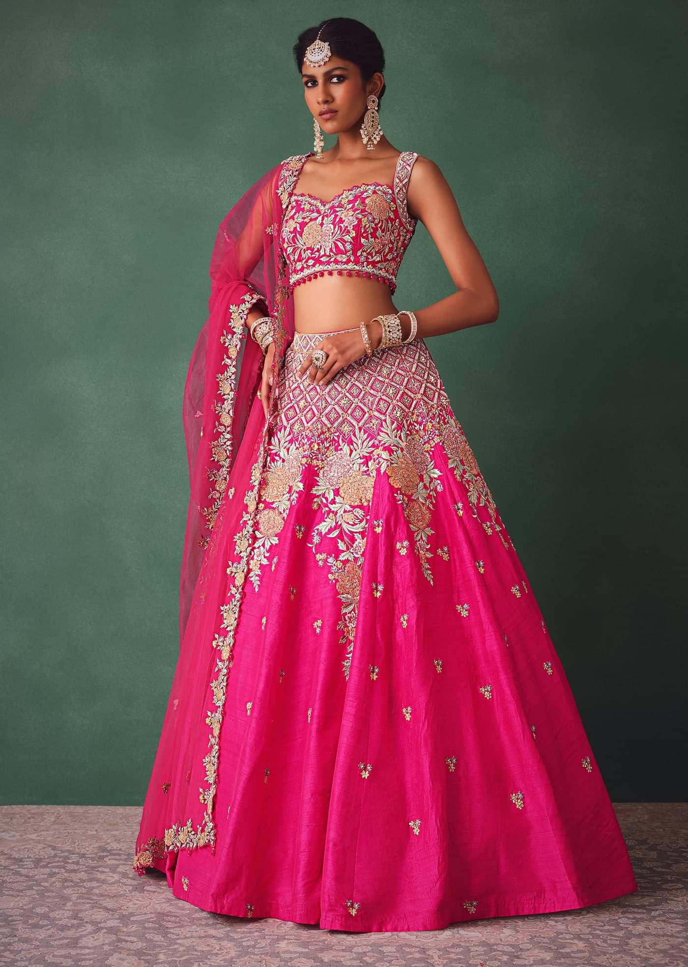 Fuschia Pink Raw Silk Multi Colour Threadwork Lehenga Dupatta With Embroidered Blouse