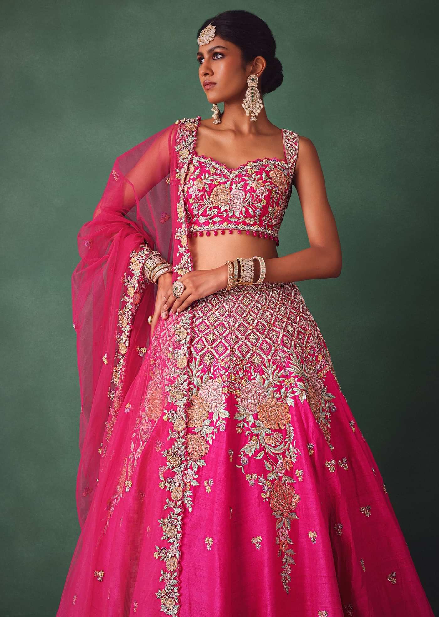 Fuschia Pink Raw Silk Multi Colour Threadwork Lehenga Dupatta With Embroidered Blouse