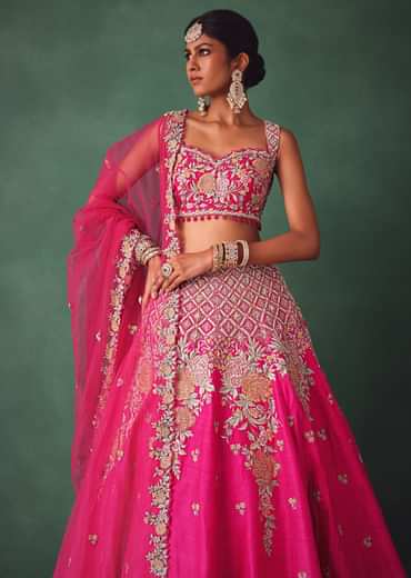 Fuschia Pink Raw Silk Multi Colour Threadwork Lehenga Dupatta With Embroidered Blouse