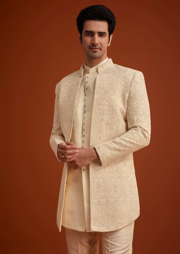 Beige Cotton Silk Open Sherwani Set With Resham Work