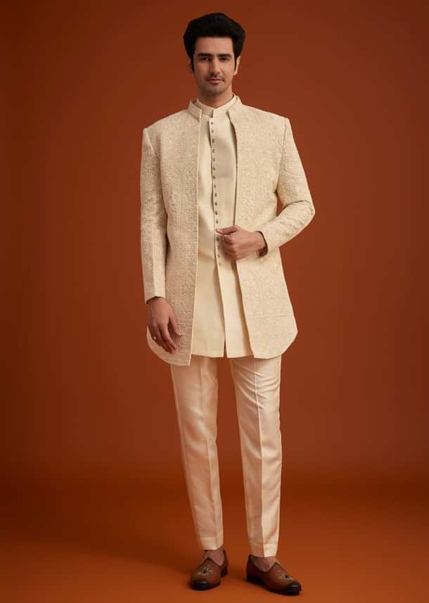 Beige Cotton Silk Open Sherwani Set With Resham Work