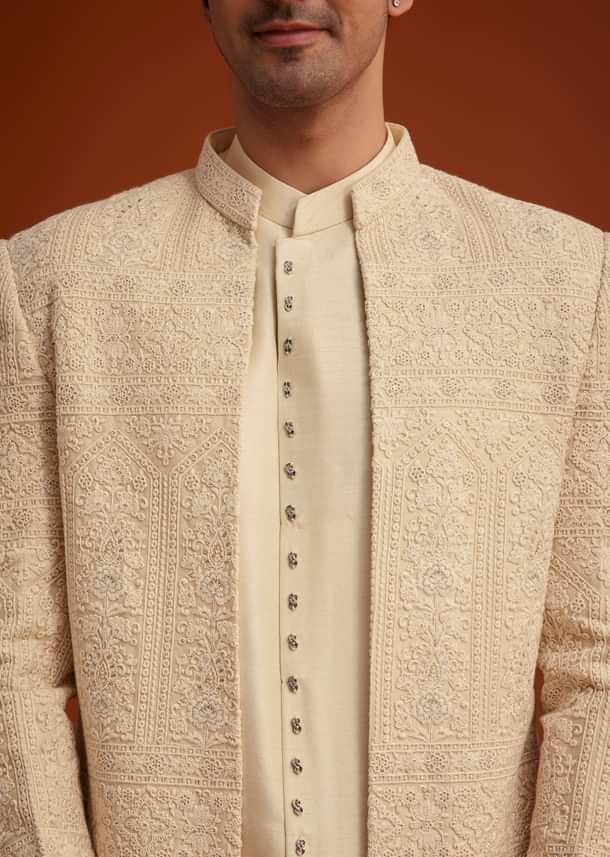 Beige Cotton Silk Open Sherwani Set With Resham Work