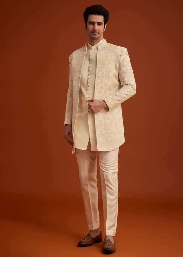 Beige Cotton Silk Open Sherwani Set With Resham Work