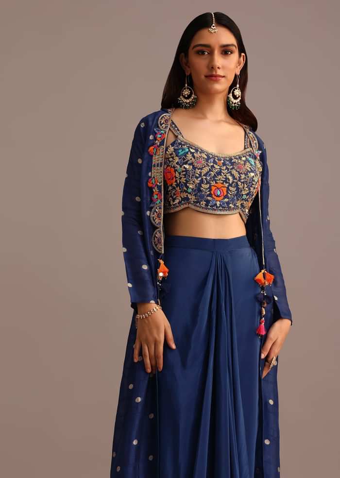 Blue Embroidered Croptop With Drape Skirt And Tussar Jacket