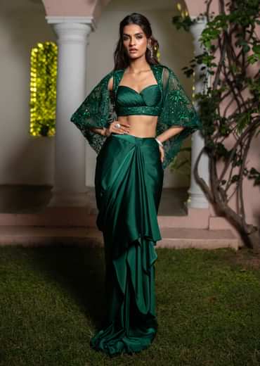 Bottle Green Net Hand Work Fusion Draped Skirt Set