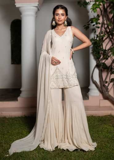 Off White Hand Embroidered Sharara Suit With Choker Dupatta