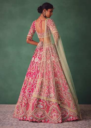 Rose Pink Bridal Lehenga With Scoop Neckline Blouse And Hand Work Dupatta