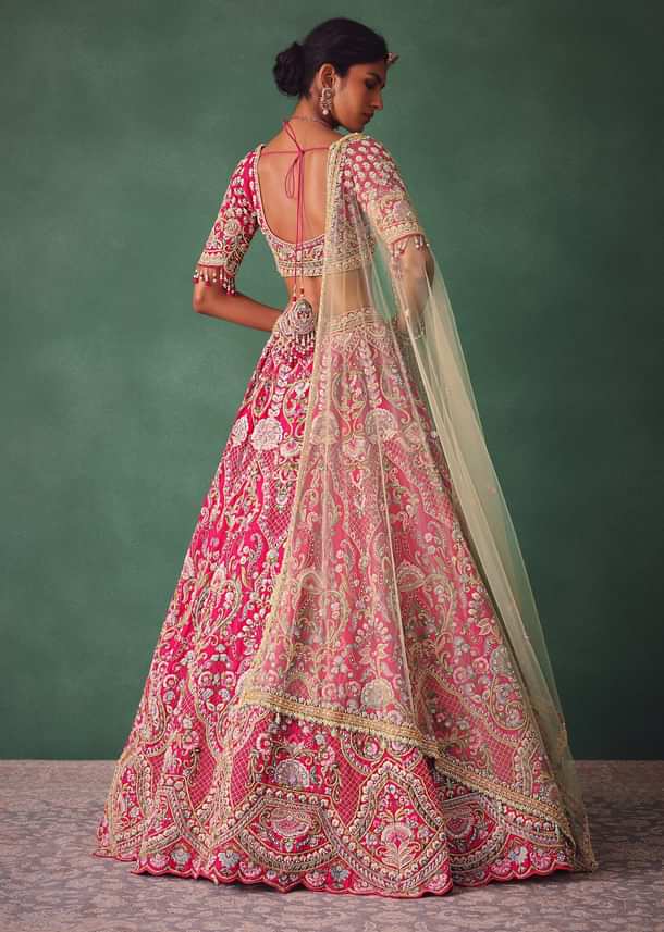 Rose Pink Bridal Lehenga With Scoop Neckline Blouse And Hand Work Dupatta