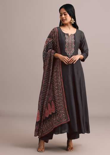 Black Embroidered Kurti Set With Modal Silk Ajrakh Printed Dupatta