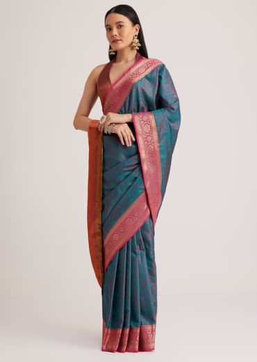 Peacock Blue Silk Saree With Constrat Border Pallu