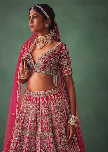 Raw Silk Red Bridal Lehenga With Scallop Dupatta