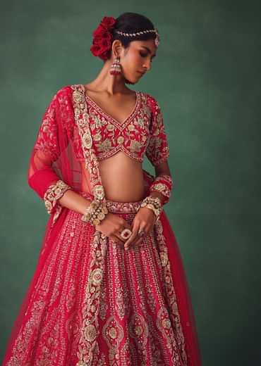 Red Bridal Lehenga With Zardosi And Cutdana Work
