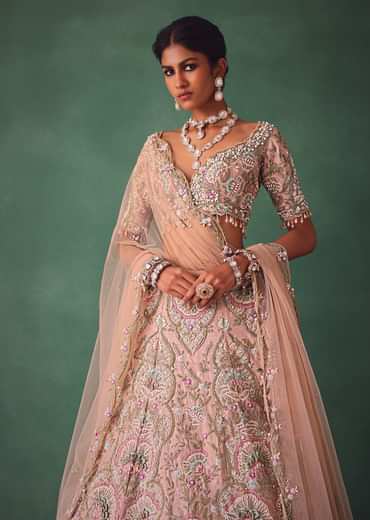 Baby Pink Jaal Work Lehenga With Sweetheart Neck Blouse And Embroidered Dupatta