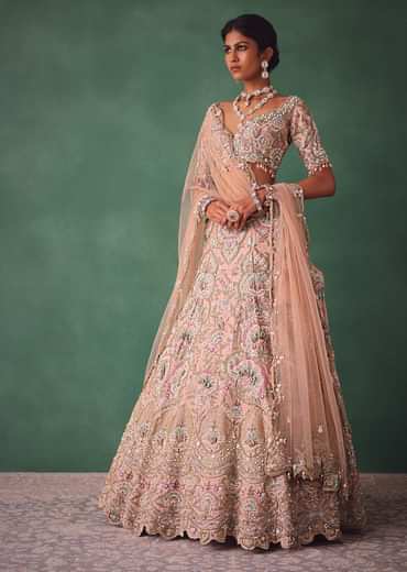 Baby Pink Jaal Work Lehenga With Sweetheart Neck Blouse And Embroidered Dupatta