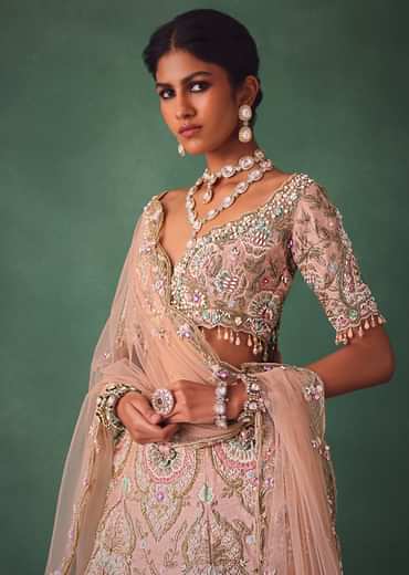 Baby Pink Jaal Work Lehenga With Sweetheart Neck Blouse And Embroidered Dupatta