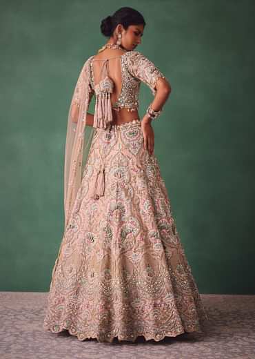 Baby Pink Jaal Work Lehenga With Sweetheart Neck Blouse And Embroidered Dupatta