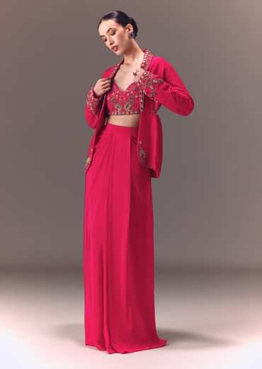 Hot Pink Hand Embellished Blouse With Jacket And Draped Skirt