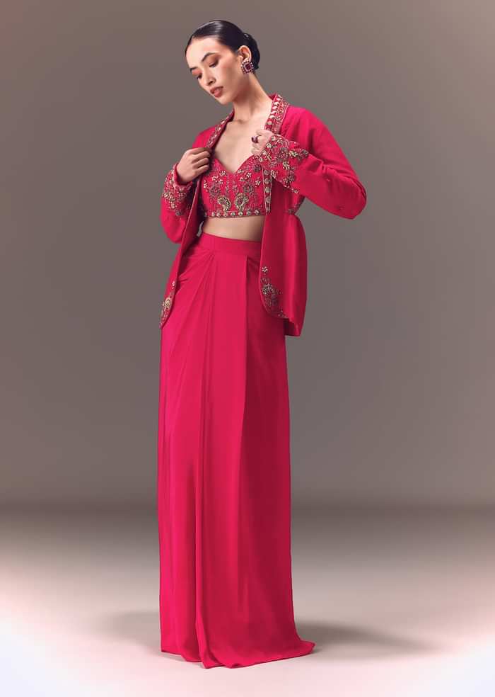 Hot Pink Hand Embellished Blouse With Jacket And Draped Skirt