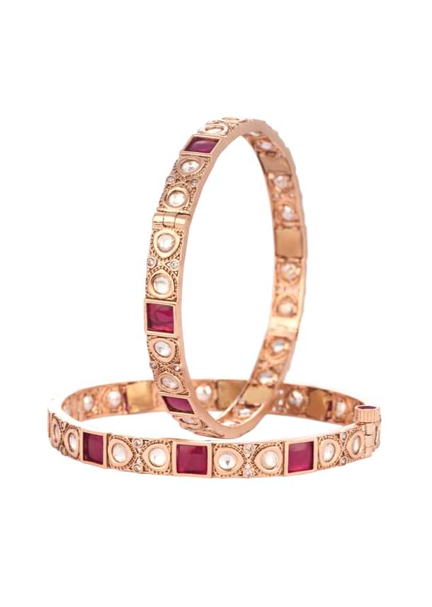 Antique Gold And Ruby Kundan Polki Bangles In Mix Metal
