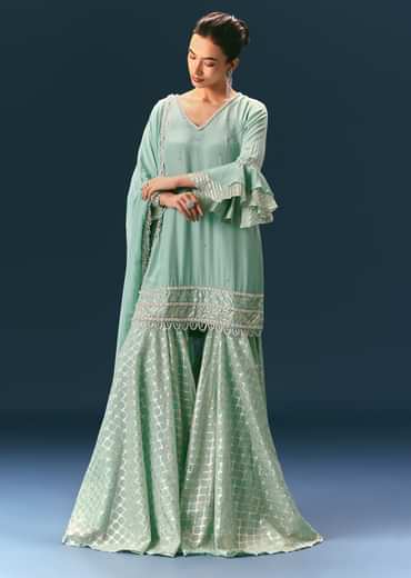 Light Blue Frill Sharara Suit With Tassel Dupatta