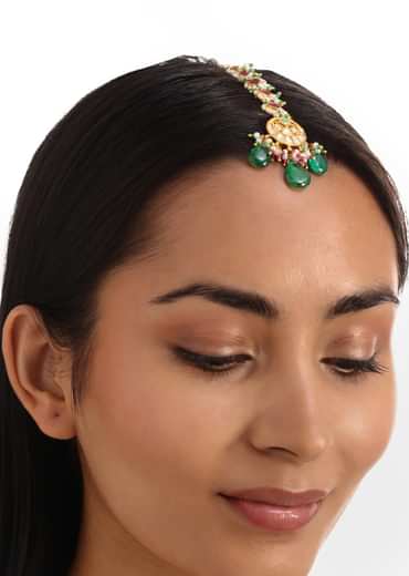 Green And Pink Pachi Kundan Necklace Set With Maangtikka