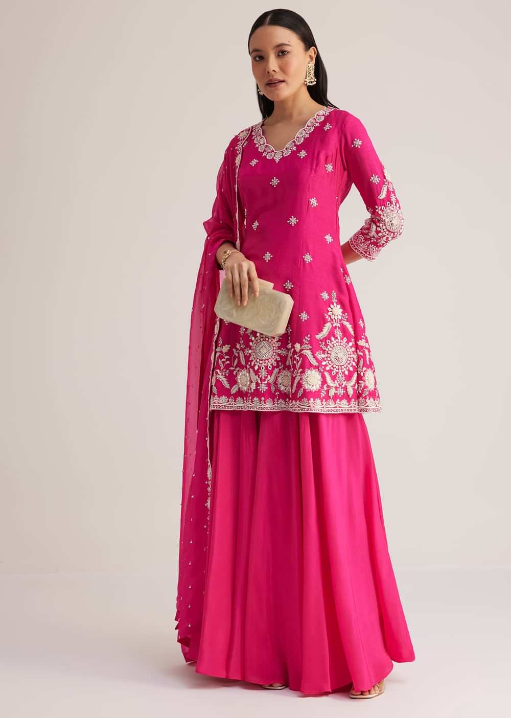 Pink Embroidered Palazzo Suit With Dupatta