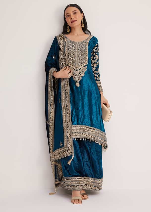 Teal Velvet Embroidered Palazzo Suit
