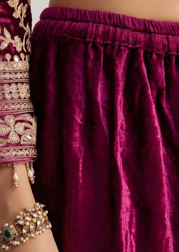 Magenta Pink Velvet Embroidered Palazzo Suit