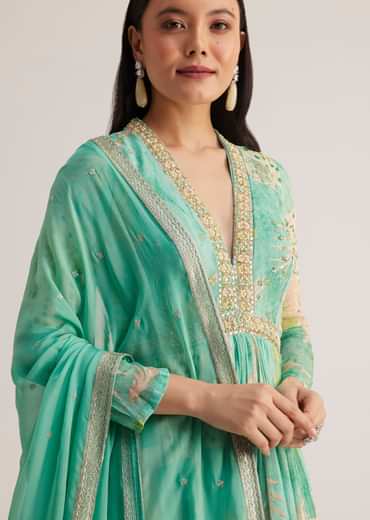 Aqua Green Printed Anarkali With Embroidered Dupatta