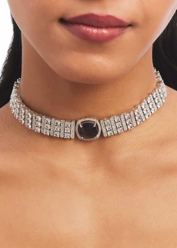 Silver And Blue Stone Studded Choker Set