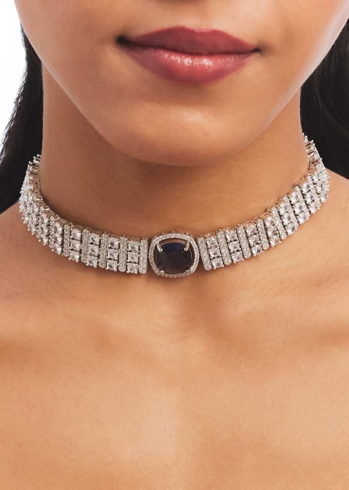 Silver And Blue Stone Studded Choker Set