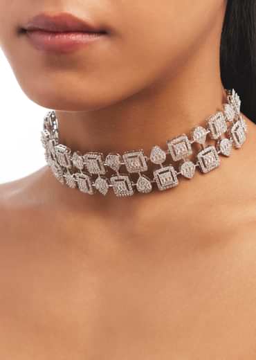 Silver Square Studded Zircon Choker Set