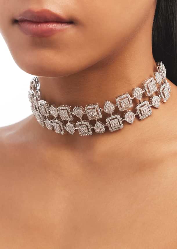 Silver Square Studded Zircon Choker Set