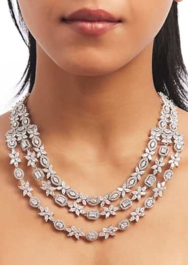 Silver Floral Layered Necklace And Pearl Drop Earrings Set