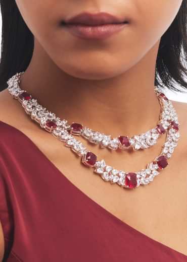 Silver And Ruby Zircon Layered Necklace And Earrings Set