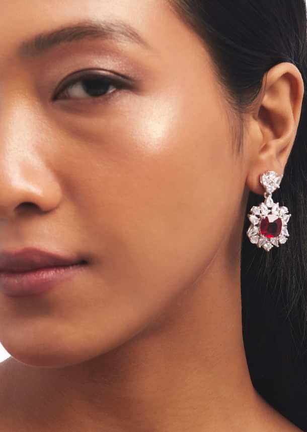 Silver And Ruby Zircon Layered Necklace And Earrings Set
